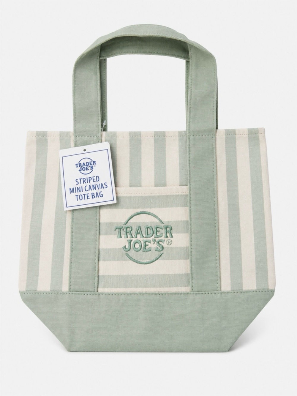 Trader Joe's Striped Mini Canvas Tote in Sage and Cream